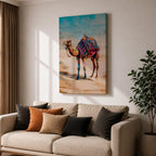 Bring vibrant desert charm into your home with this Camel Wall Art, featuring a beautifully adorned camel draped in colorful bohemian textiles against a serene desert landscape. This eye-catching canvas print blends rich jewel tones with contemporary painterly style, making it a striking focal point for living rooms, bedrooms, or boho-inspired spaces.