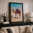 Bring vibrant desert charm into your home with this Camel Wall Art, featuring a beautifully adorned camel draped in colorful bohemian textiles against a serene desert landscape. This eye-catching canvas print blends rich jewel tones with contemporary painterly style, making it a striking focal point for living rooms, bedrooms, or boho-inspired spaces.