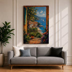 Colorful coastal wall art featuring a lemon tree beside a Mediterranean balcony overlooking turquoise waters, sailboats, and a charming seaside village. Rich impressionist brushwork and vibrant florals create a warm coastal atmosphere.
