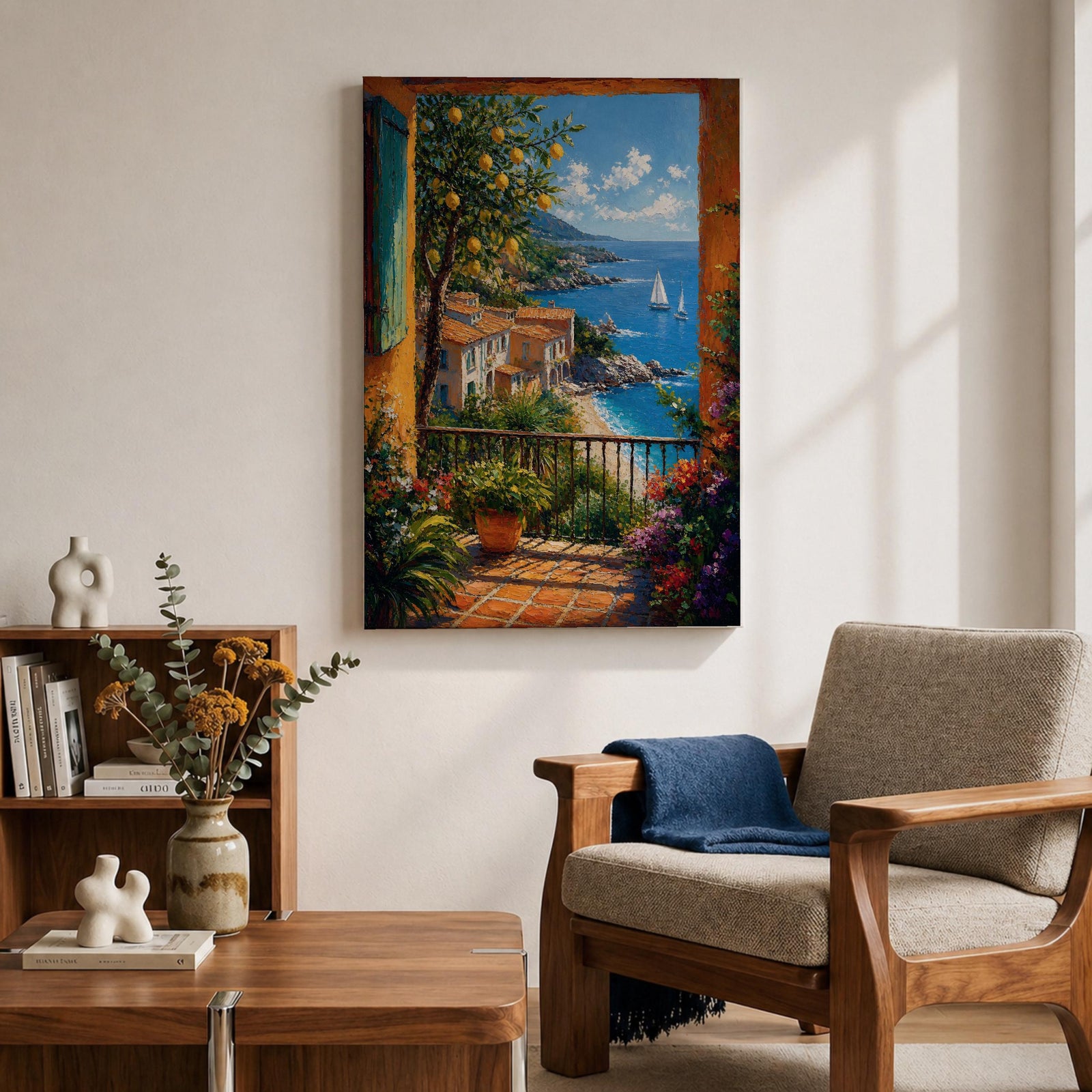 Colorful coastal wall art featuring a lemon tree beside a Mediterranean balcony overlooking turquoise waters, sailboats, and a charming seaside village. Rich impressionist brushwork and vibrant florals create a warm coastal atmosphere.