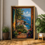 Colorful coastal wall art featuring a lemon tree beside a Mediterranean balcony overlooking turquoise waters, sailboats, and a charming seaside village. Rich impressionist brushwork and vibrant florals create a warm coastal atmosphere.