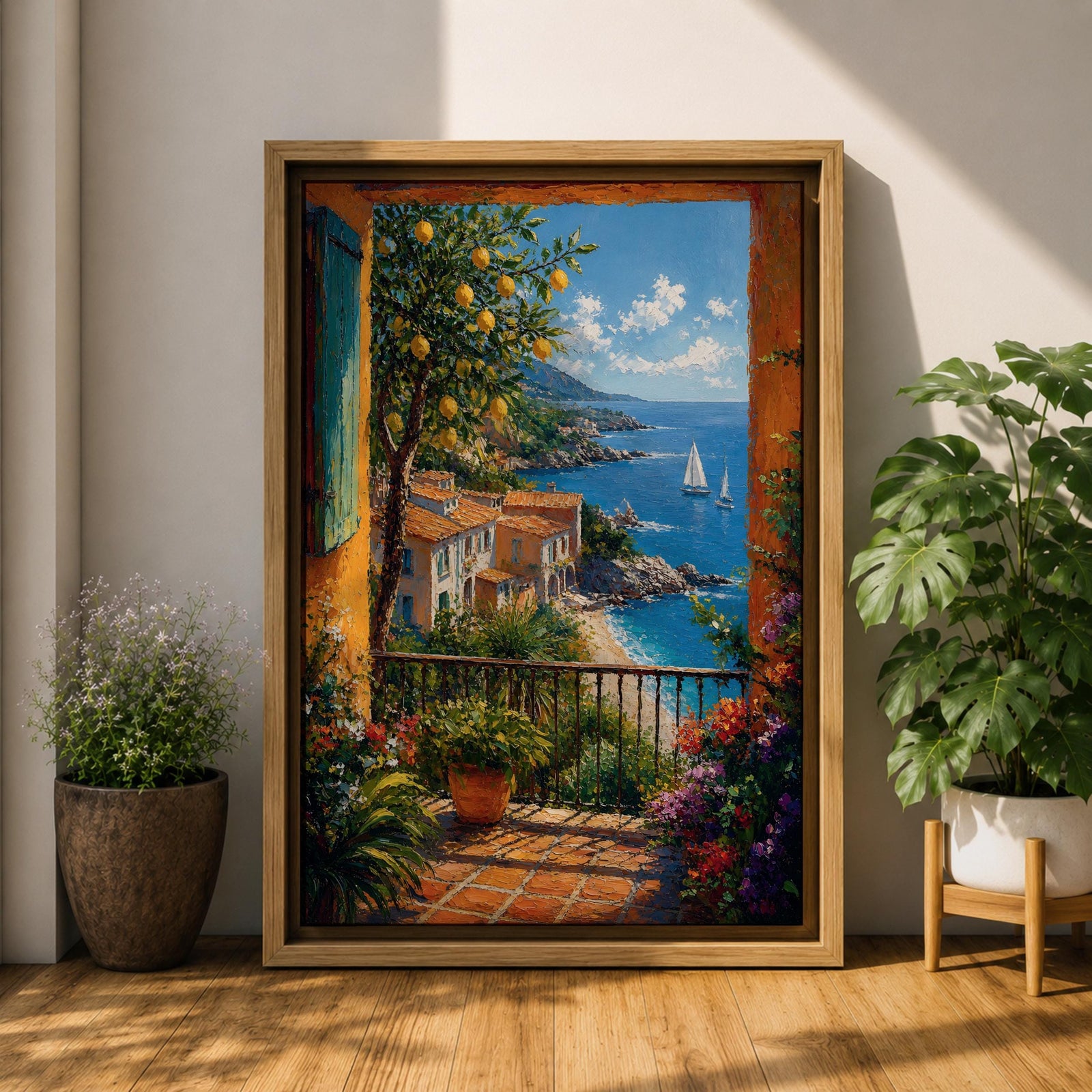 Colorful coastal wall art featuring a lemon tree beside a Mediterranean balcony overlooking turquoise waters, sailboats, and a charming seaside village. Rich impressionist brushwork and vibrant florals create a warm coastal atmosphere.