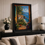Colorful coastal wall art featuring a lemon tree beside a Mediterranean balcony overlooking turquoise waters, sailboats, and a charming seaside village. Rich impressionist brushwork and vibrant florals create a warm coastal atmosphere.