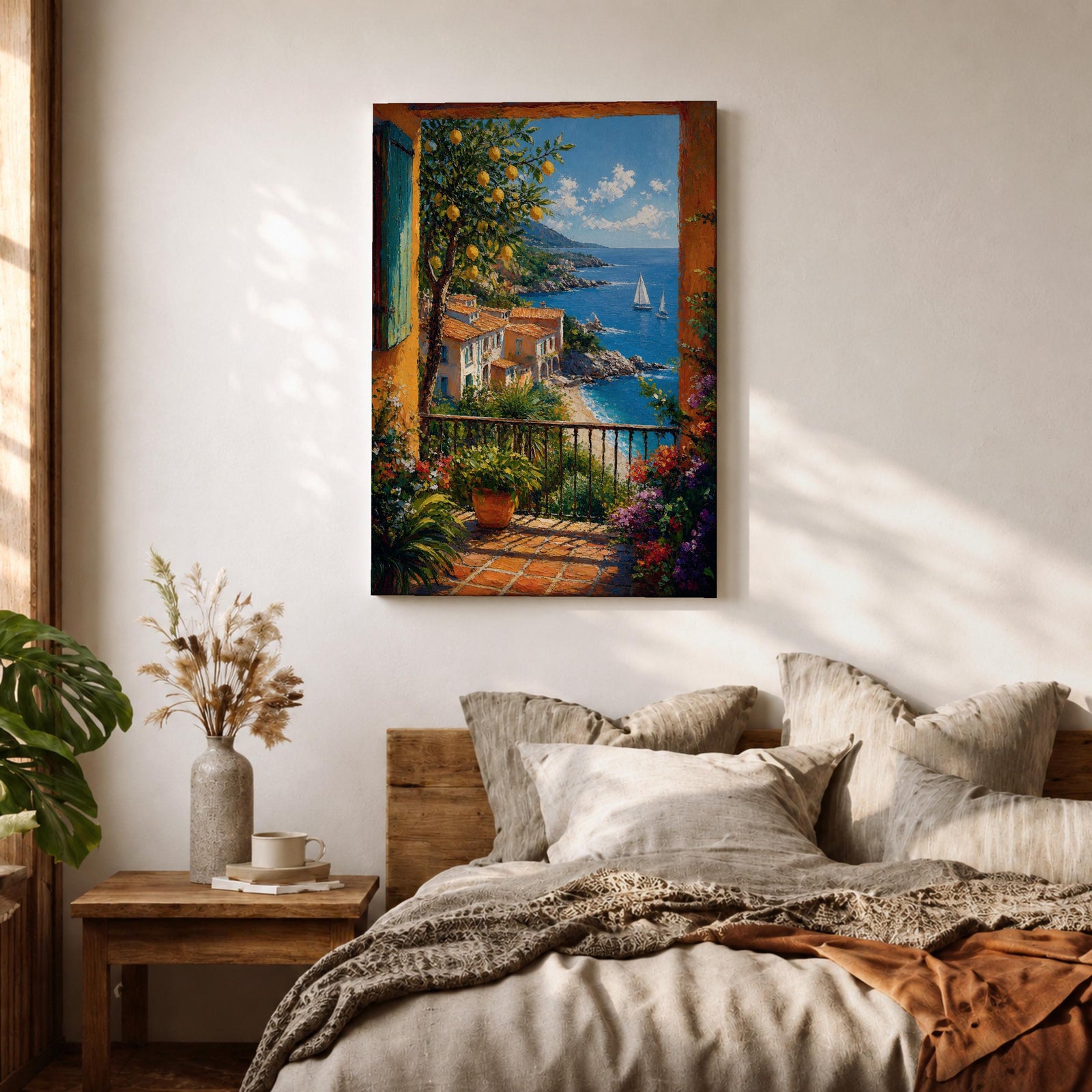 Colorful coastal wall art featuring a lemon tree beside a Mediterranean balcony overlooking turquoise waters, sailboats, and a charming seaside village. Rich impressionist brushwork and vibrant florals create a warm coastal atmosphere.