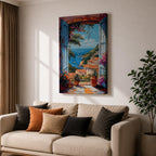 Colorful Mediterranean coastal village seen through open blue shutters overlooking a sparkling sea. Terracotta rooftops, blooming flowers, palm trees, and boats create a vibrant Italian seaside landscape in an impressionist-style framed canvas wall art.