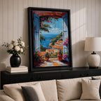 Colorful Mediterranean coastal village seen through open blue shutters overlooking a sparkling sea. Terracotta rooftops, blooming flowers, palm trees, and boats create a vibrant Italian seaside landscape in an impressionist-style framed canvas wall art.