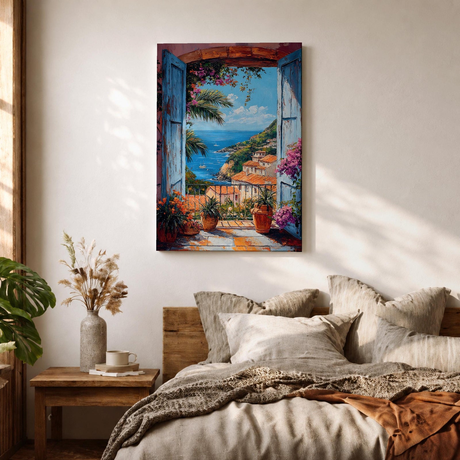 Colorful Mediterranean coastal village seen through open blue shutters overlooking a sparkling sea. Terracotta rooftops, blooming flowers, palm trees, and boats create a vibrant Italian seaside landscape in an impressionist-style framed canvas wall art.