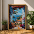 Colorful Mediterranean coastal village seen through open blue shutters overlooking a sparkling sea. Terracotta rooftops, blooming flowers, palm trees, and boats create a vibrant Italian seaside landscape in an impressionist-style framed canvas wall art.