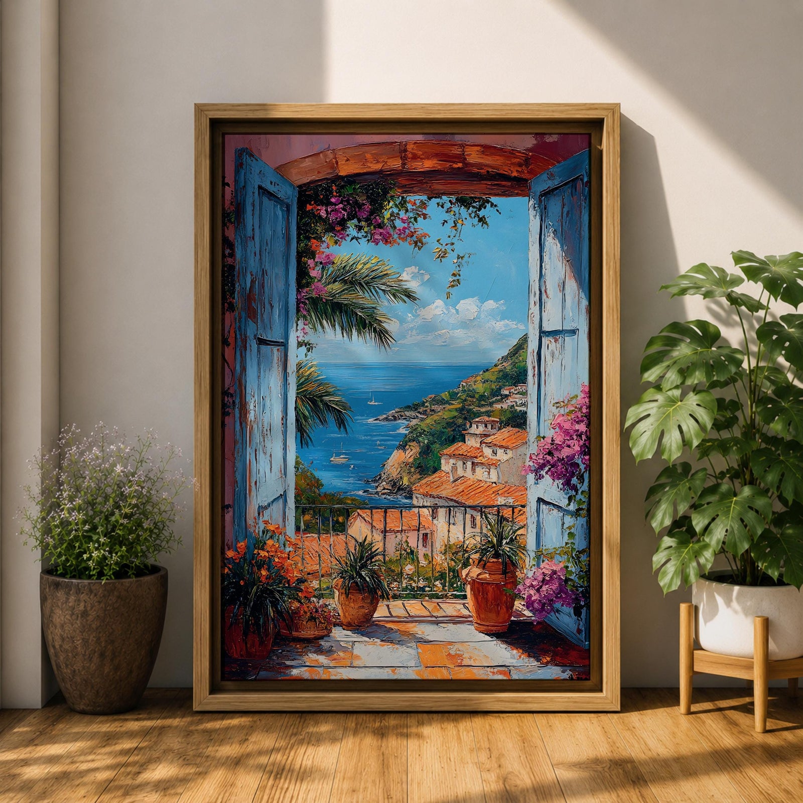 Colorful Mediterranean coastal village seen through open blue shutters overlooking a sparkling sea. Terracotta rooftops, blooming flowers, palm trees, and boats create a vibrant Italian seaside landscape in an impressionist-style framed canvas wall art.