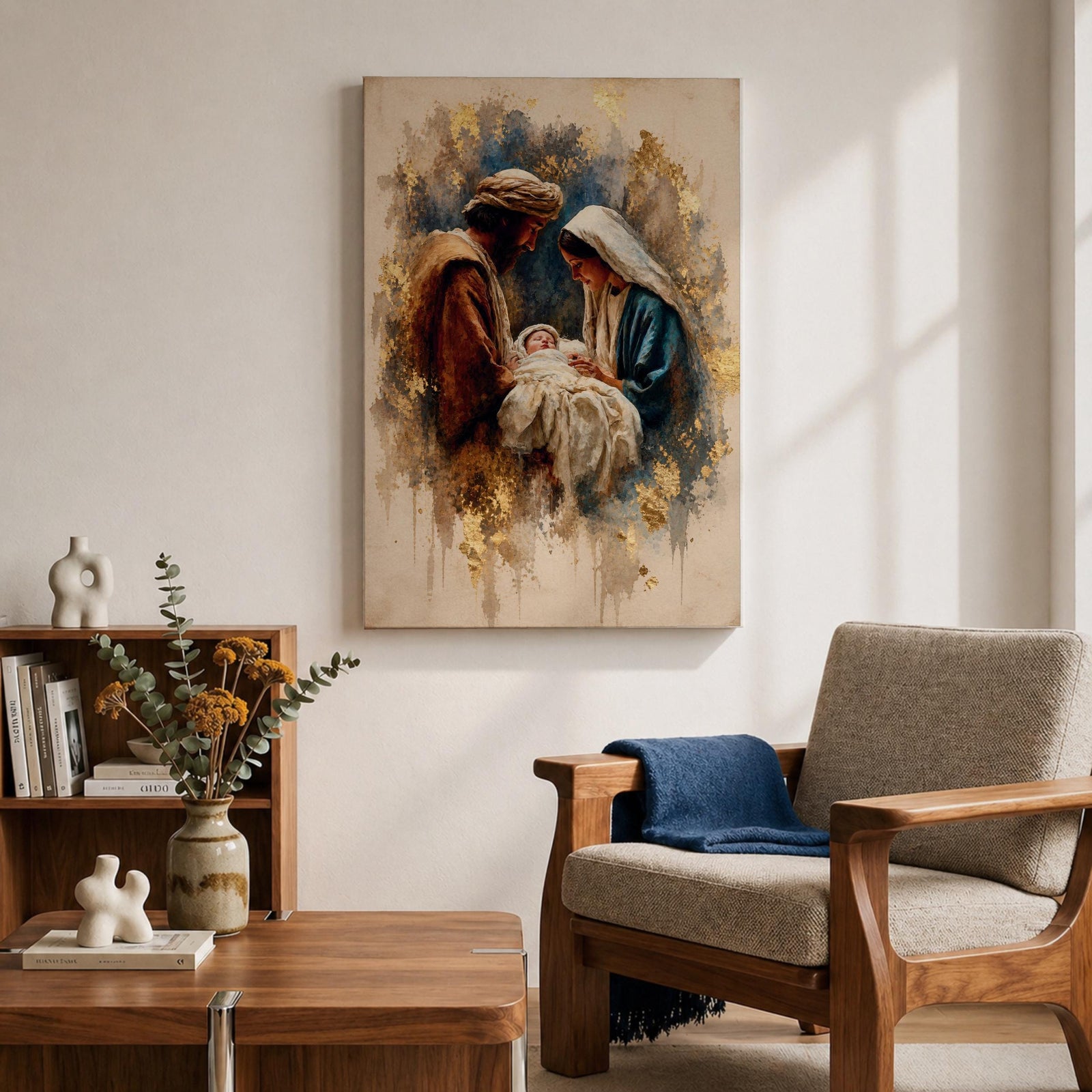 Beautiful Holy Family wall art featuring Joseph, Mary, and the infant Jesus in a tender nativity scene. Soft gold accents, impressionist textures, and warm neutral tones create an inspiring Christian canvas perfect for prayer rooms, churches, and faith-filled home decor.