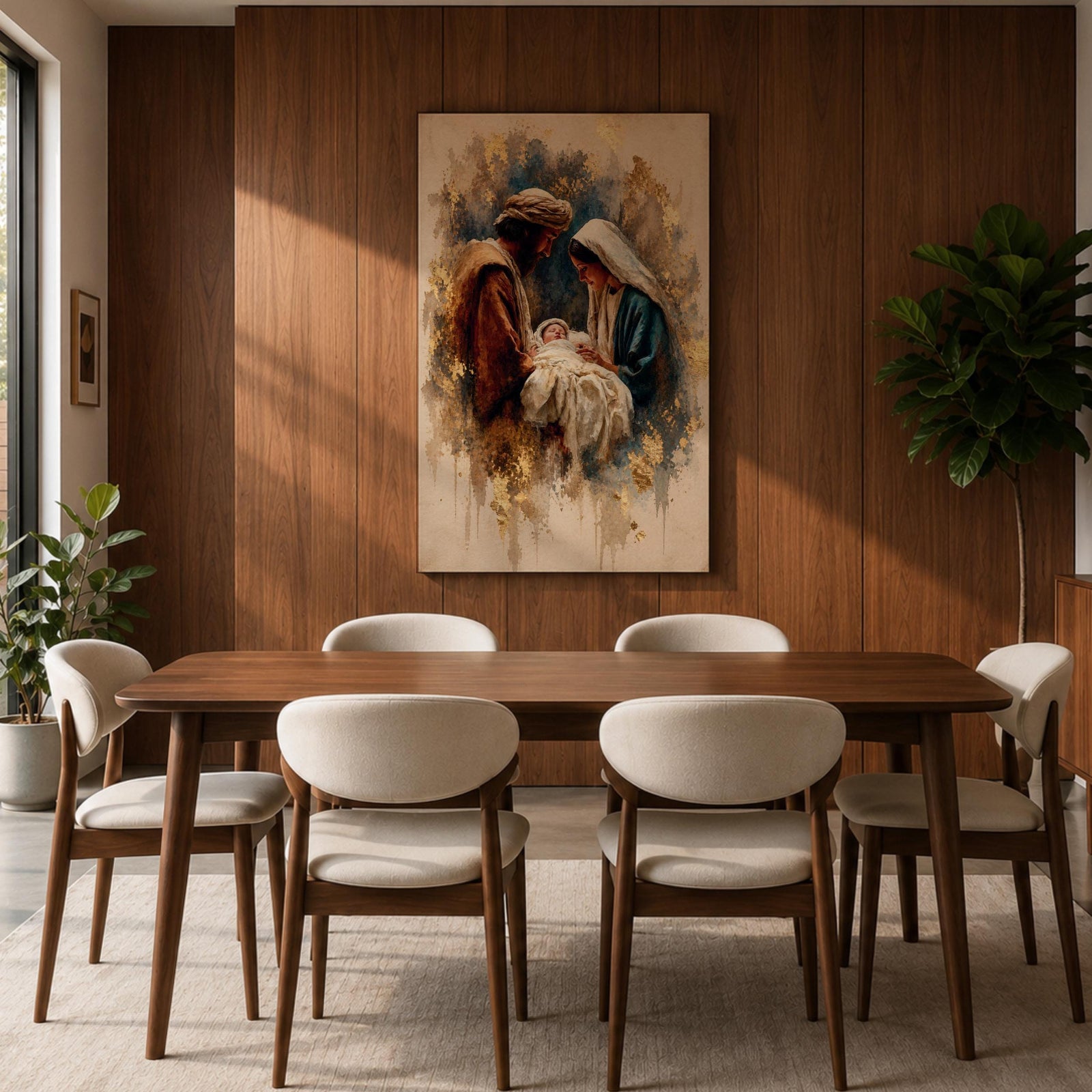 Beautiful Holy Family wall art featuring Joseph, Mary, and the infant Jesus in a tender nativity scene. Soft gold accents, impressionist textures, and warm neutral tones create an inspiring Christian canvas perfect for prayer rooms, churches, and faith-filled home decor.