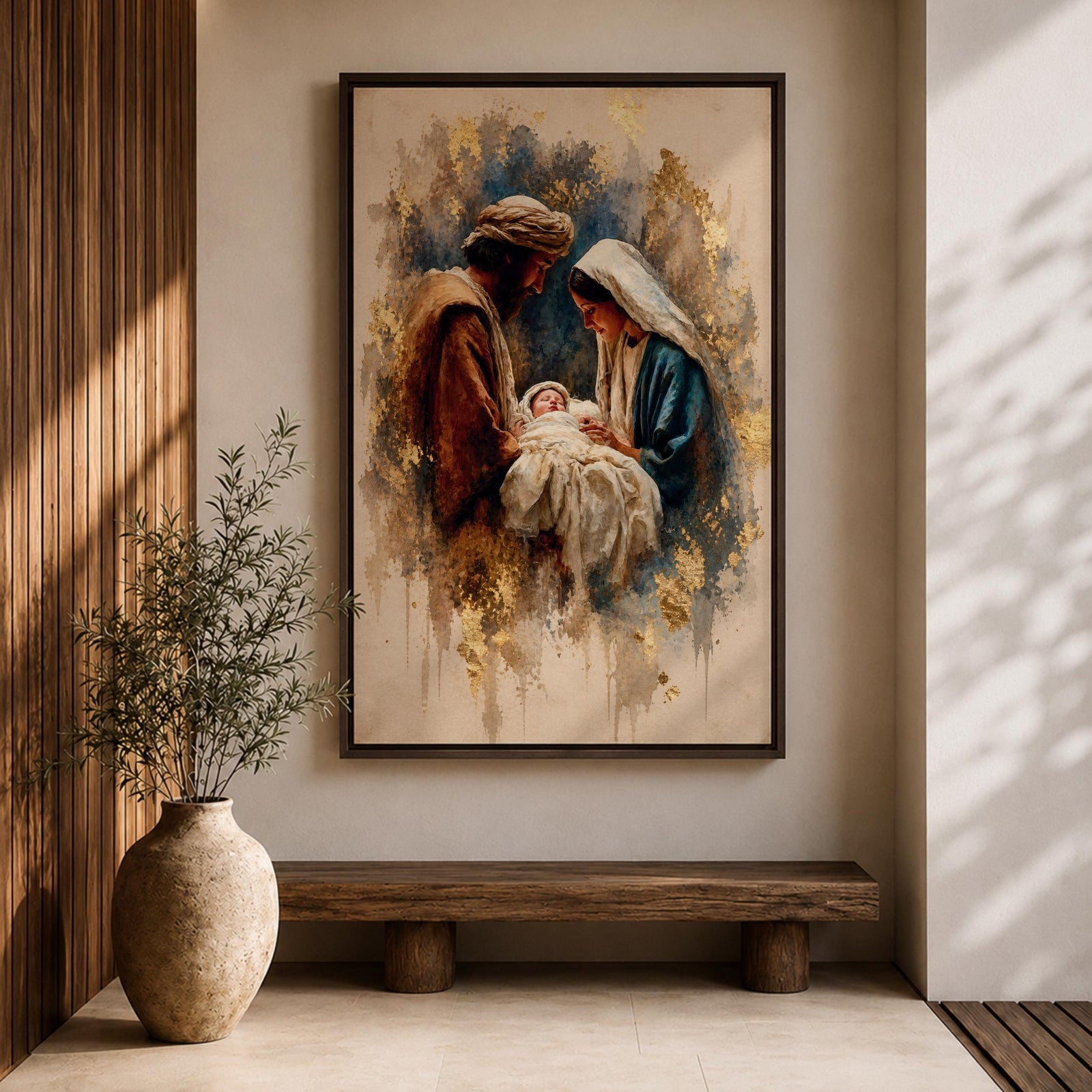Beautiful Holy Family wall art featuring Joseph, Mary, and the infant Jesus in a tender nativity scene. Soft gold accents, impressionist textures, and warm neutral tones create an inspiring Christian canvas perfect for prayer rooms, churches, and faith-filled home decor.