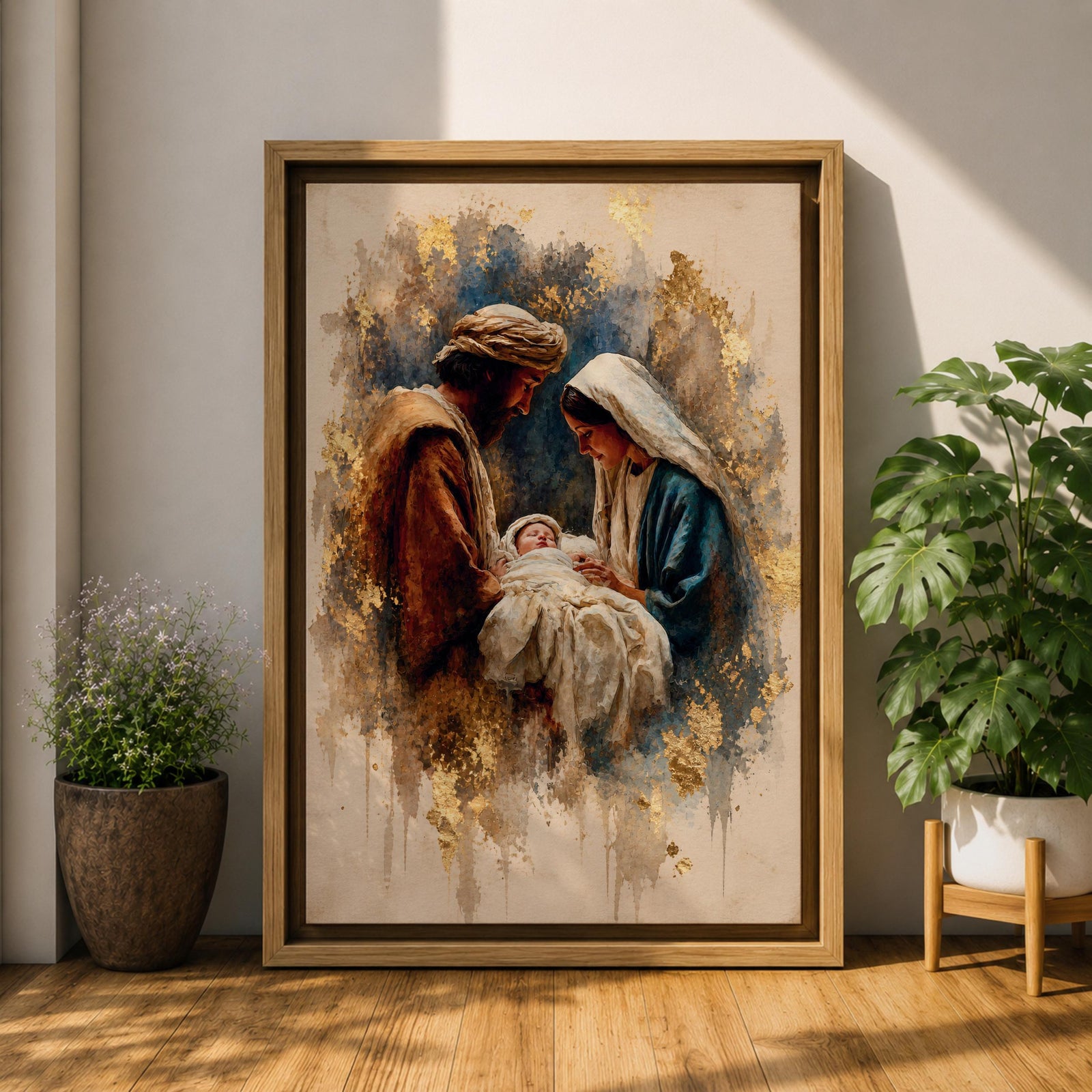Beautiful Holy Family wall art featuring Joseph, Mary, and the infant Jesus in a tender nativity scene. Soft gold accents, impressionist textures, and warm neutral tones create an inspiring Christian canvas perfect for prayer rooms, churches, and faith-filled home decor.