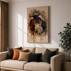 Beautiful Holy Family wall art featuring Joseph, Mary, and the infant Jesus in a tender nativity scene. Soft gold accents, impressionist textures, and warm neutral tones create an inspiring Christian canvas perfect for prayer rooms, churches, and faith-filled home decor.