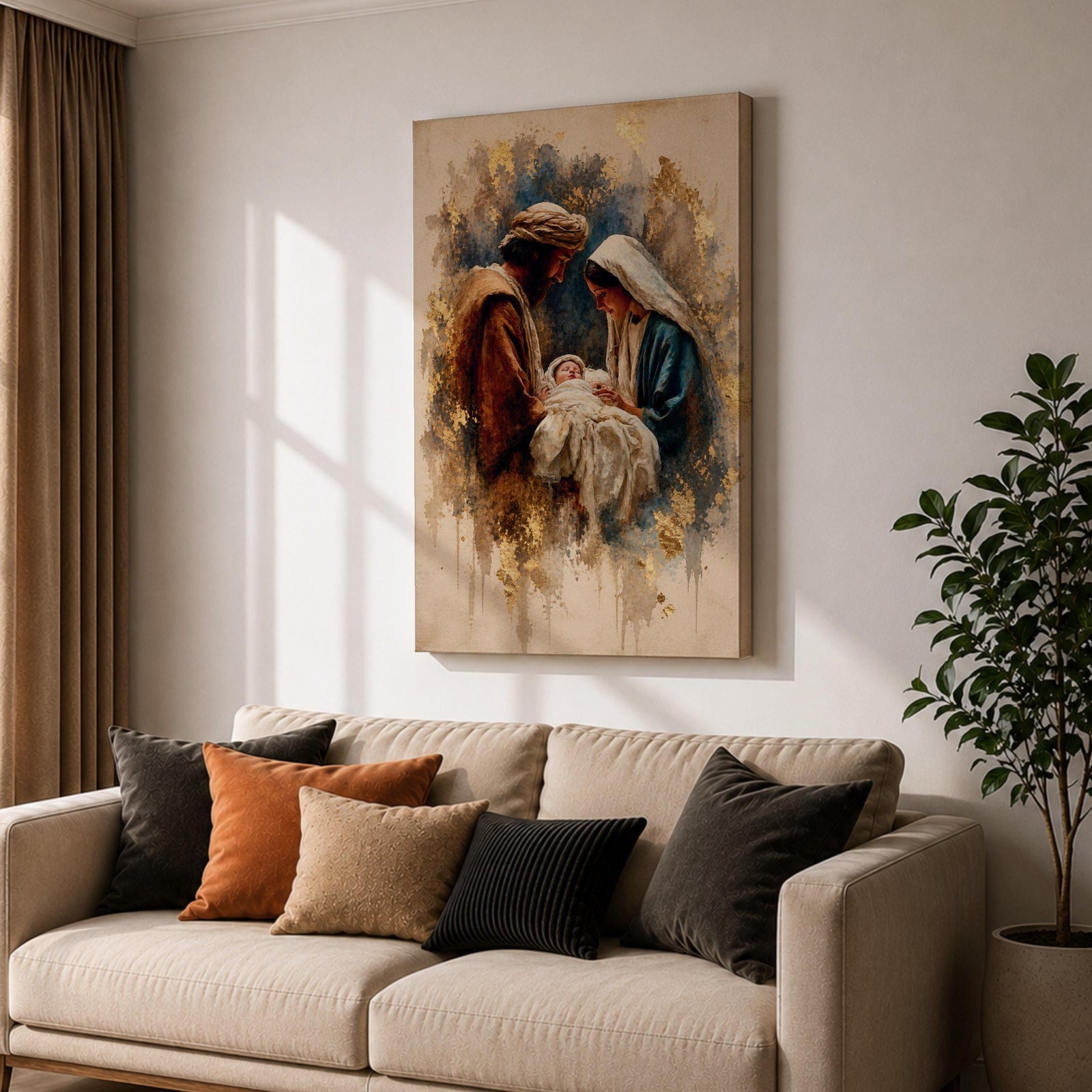 Beautiful Holy Family wall art featuring Joseph, Mary, and the infant Jesus in a tender nativity scene. Soft gold accents, impressionist textures, and warm neutral tones create an inspiring Christian canvas perfect for prayer rooms, churches, and faith-filled home decor.
