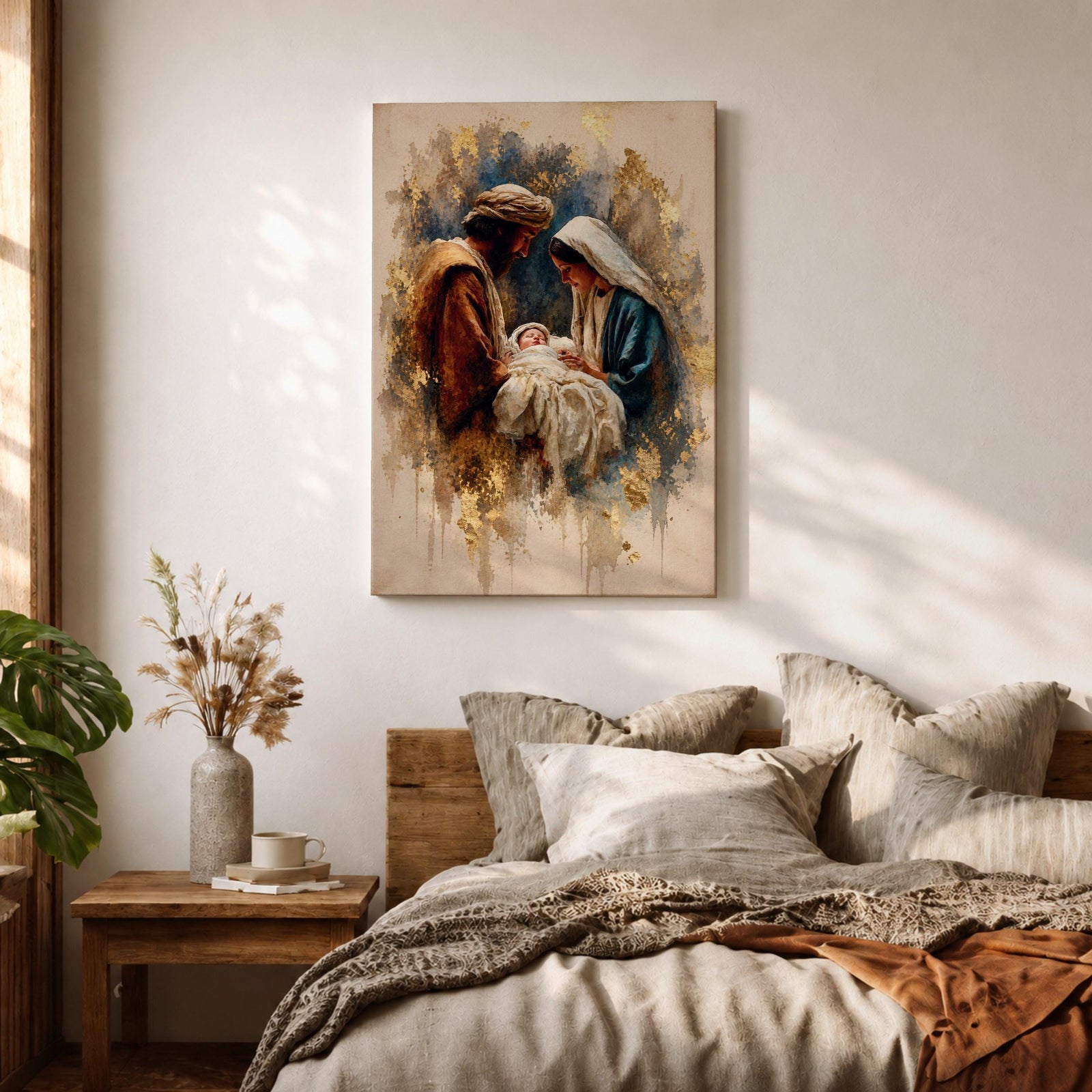 Beautiful Holy Family wall art featuring Joseph, Mary, and the infant Jesus in a tender nativity scene. Soft gold accents, impressionist textures, and warm neutral tones create an inspiring Christian canvas perfect for prayer rooms, churches, and faith-filled home decor.