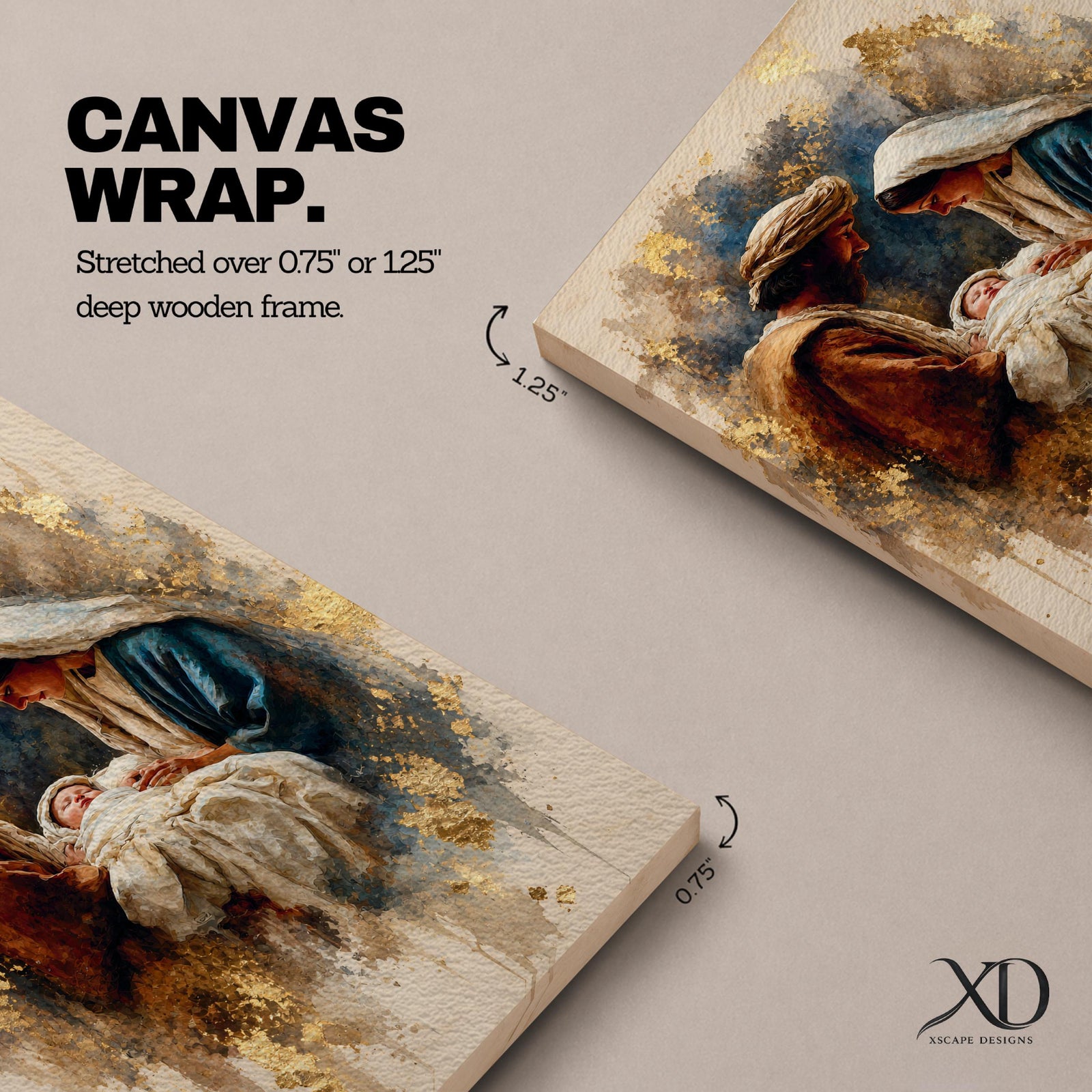 Beautiful Holy Family wall art featuring Joseph, Mary, and the infant Jesus in a tender nativity scene. Soft gold accents, impressionist textures, and warm neutral tones create an inspiring Christian canvas perfect for prayer rooms, churches, and faith-filled home decor.