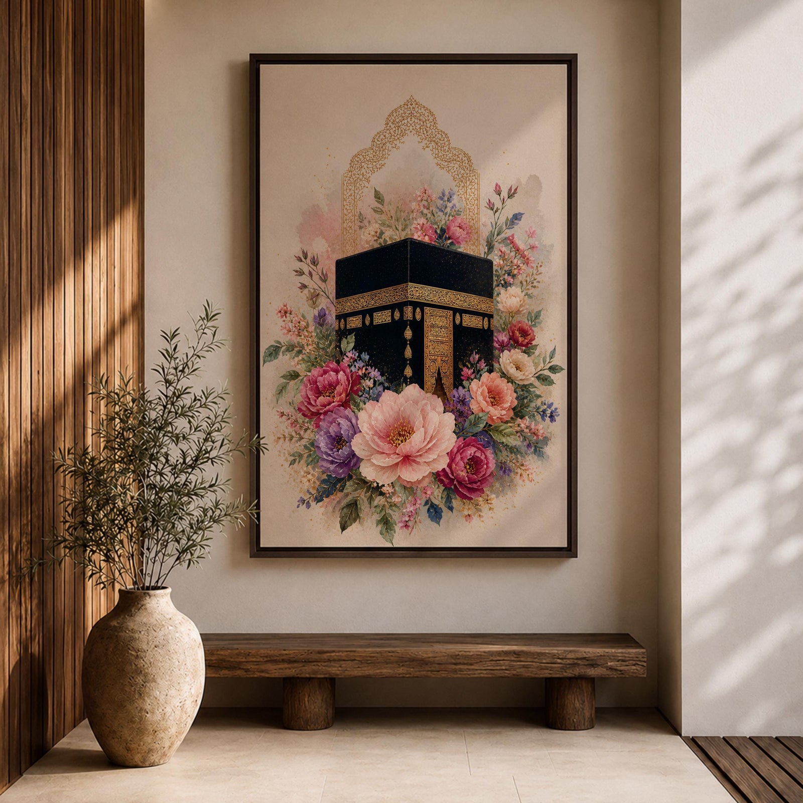Elegant Kaaba wall art featuring the Holy Kaaba surrounded by blooming pink, blush, purple, and ivory flowers with delicate Islamic arch details. Soft watercolor tones and gold accents create a beautiful Islamic canvas artwork perfect for prayer rooms, bedrooms, and Muslim home decor.