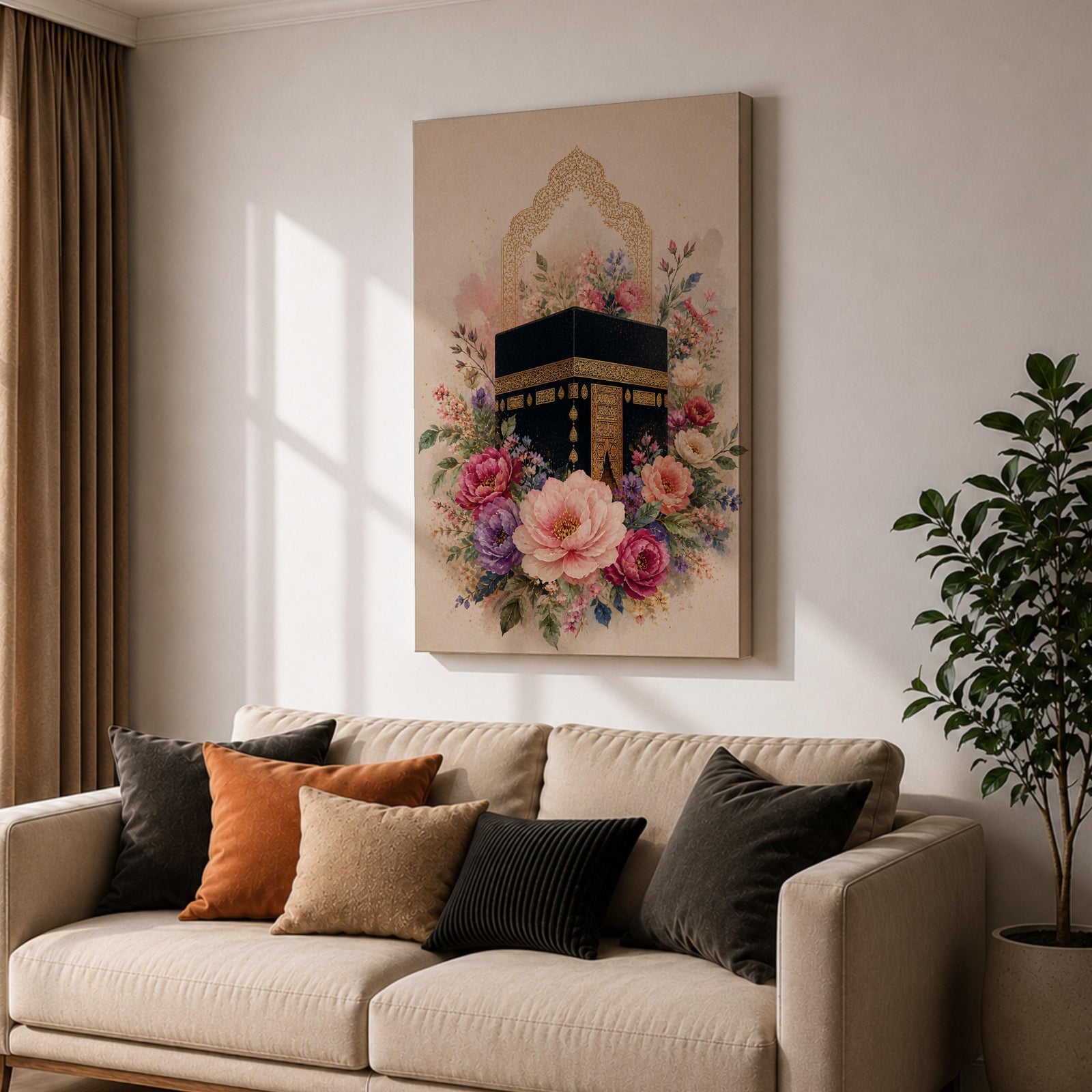 Elegant Kaaba wall art featuring the Holy Kaaba surrounded by blooming pink, blush, purple, and ivory flowers with delicate Islamic arch details. Soft watercolor tones and gold accents create a beautiful Islamic canvas artwork perfect for prayer rooms, bedrooms, and Muslim home decor.