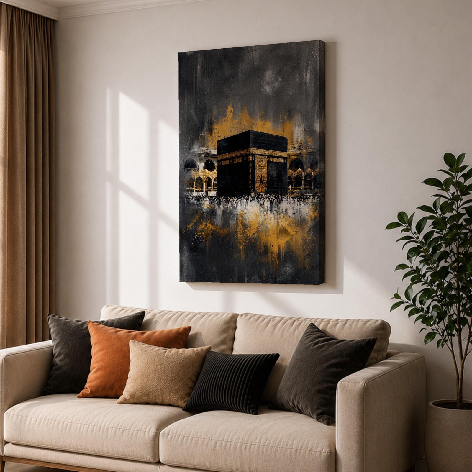 Abstract Kaaba wall art featuring the Holy Kaaba at Masjid al Haram rendered in dramatic black, charcoal, and gold tones. Expressive brushwork, metallic-style gold accents, and a contemporary composition create a striking Islamic focal point.