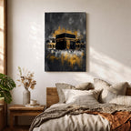 Abstract Kaaba wall art featuring the Holy Kaaba at Masjid al Haram rendered in dramatic black, charcoal, and gold tones. Expressive brushwork, metallic-style gold accents, and a contemporary composition create a striking Islamic focal point.