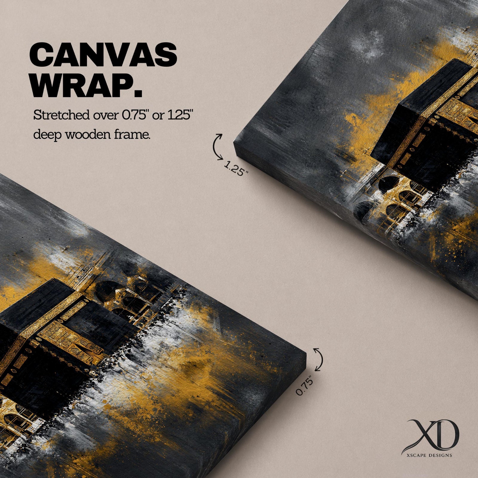 Abstract Kaaba wall art featuring the Holy Kaaba at Masjid al Haram rendered in dramatic black, charcoal, and gold tones. Expressive brushwork, metallic-style gold accents, and a contemporary composition create a striking Islamic focal point.