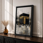 Elegant Kaaba wall art featuring the Holy Kaaba adorned with gold detailing, surrounded by worshippers in a textured abstract composition. Neutral black, gold, and ivory tones create a sophisticated Islamic canvas perfect for prayer rooms, living spaces, and Muslim home decor.