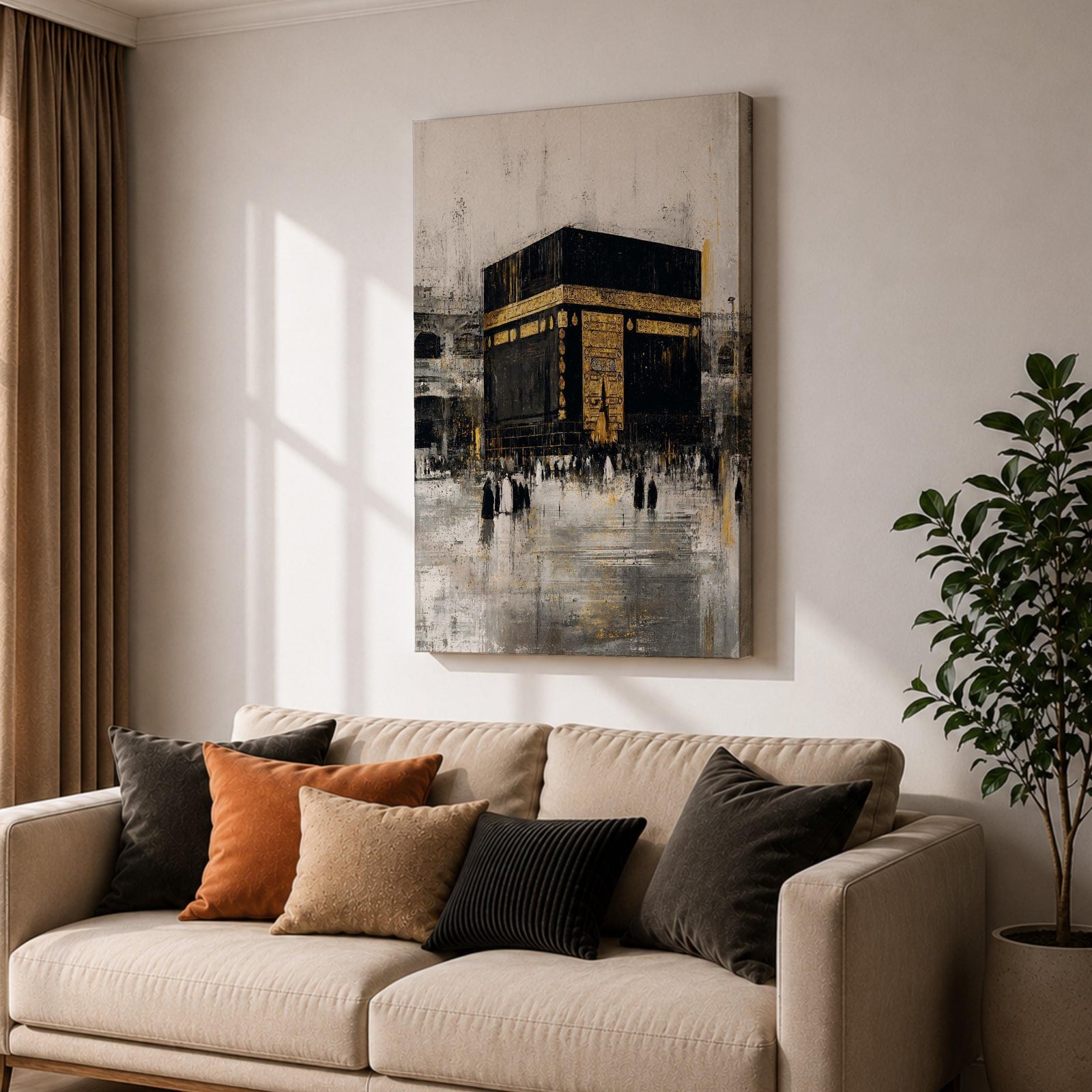 Elegant Kaaba wall art featuring the Holy Kaaba adorned with gold detailing, surrounded by worshippers in a textured abstract composition. Neutral black, gold, and ivory tones create a sophisticated Islamic canvas perfect for prayer rooms, living spaces, and Muslim home decor.