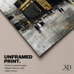 Elegant Kaaba wall art featuring the Holy Kaaba adorned with gold detailing, surrounded by worshippers in a textured abstract composition. Neutral black, gold, and ivory tones create a sophisticated Islamic canvas perfect for prayer rooms, living spaces, and Muslim home decor.
