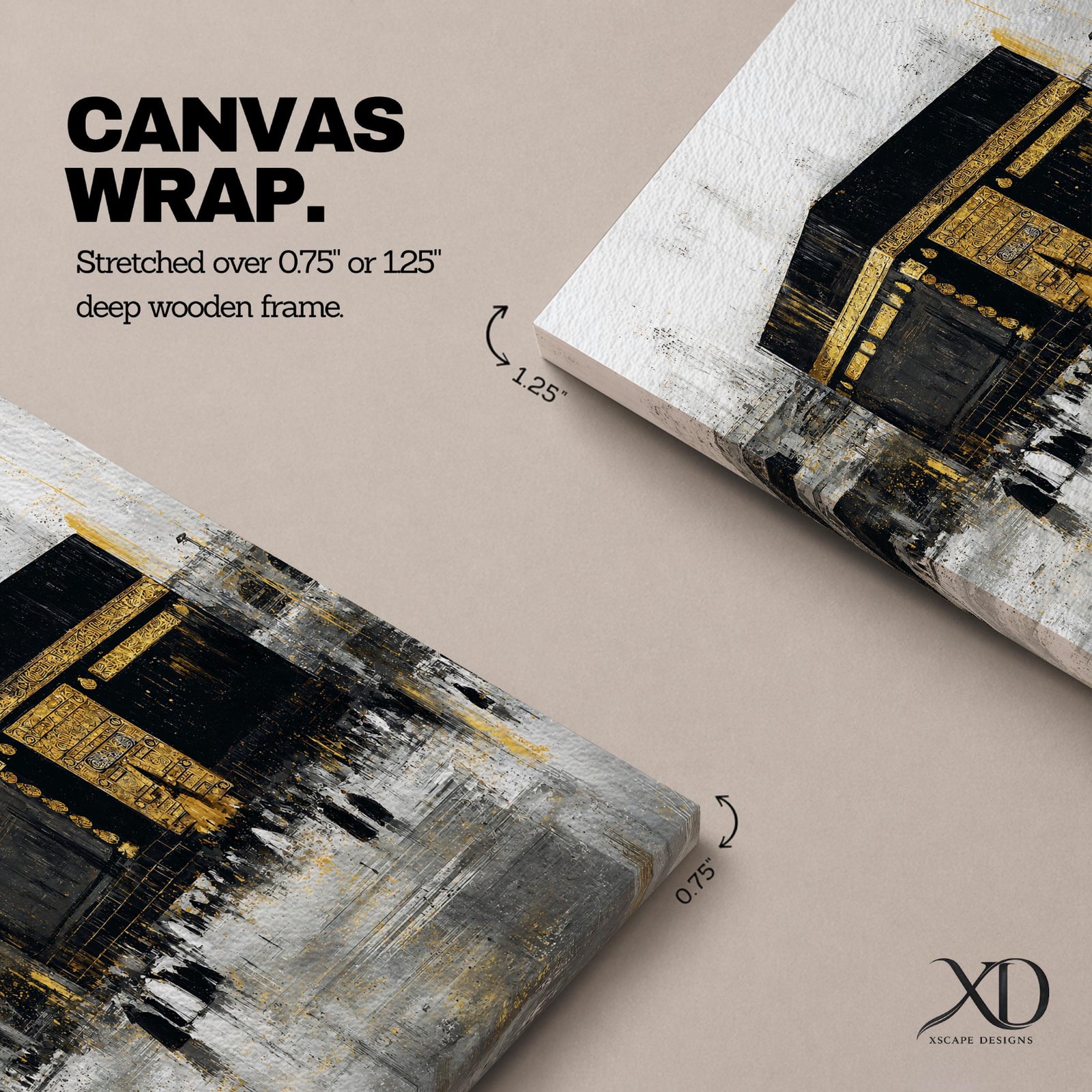 Elegant Kaaba wall art featuring the Holy Kaaba adorned with gold detailing, surrounded by worshippers in a textured abstract composition. Neutral black, gold, and ivory tones create a sophisticated Islamic canvas perfect for prayer rooms, living spaces, and Muslim home decor.