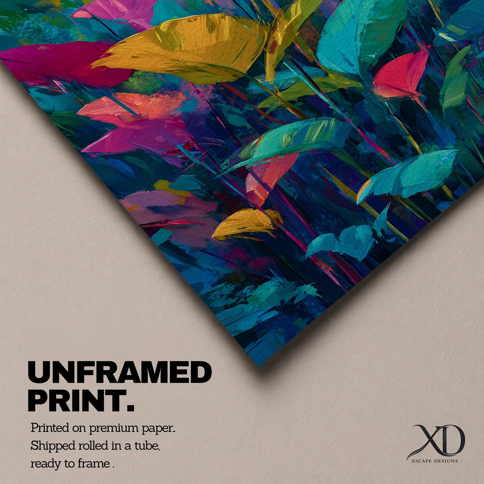 Vibrant abstract botanical wall art featuring colorful tropical leaves in bold shades of teal, orange, pink, yellow, and green. Contemporary floral artwork with expressive brushstrokes, layered foliage, and modern nature-inspired design perfect for bright and stylish interiors.