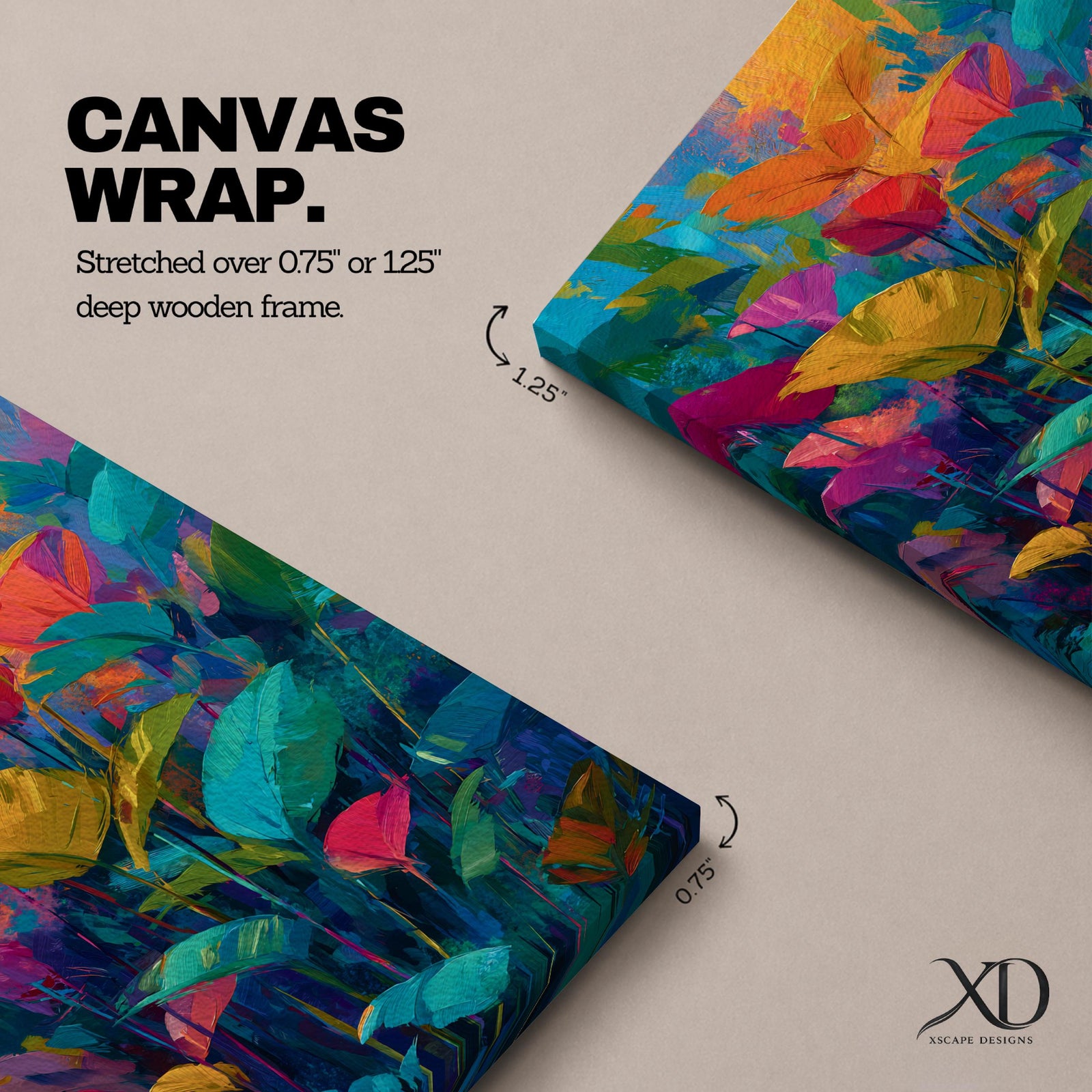 Vibrant abstract botanical wall art featuring colorful tropical leaves in bold shades of teal, orange, pink, yellow, and green. Contemporary floral artwork with expressive brushstrokes, layered foliage, and modern nature-inspired design perfect for bright and stylish interiors.