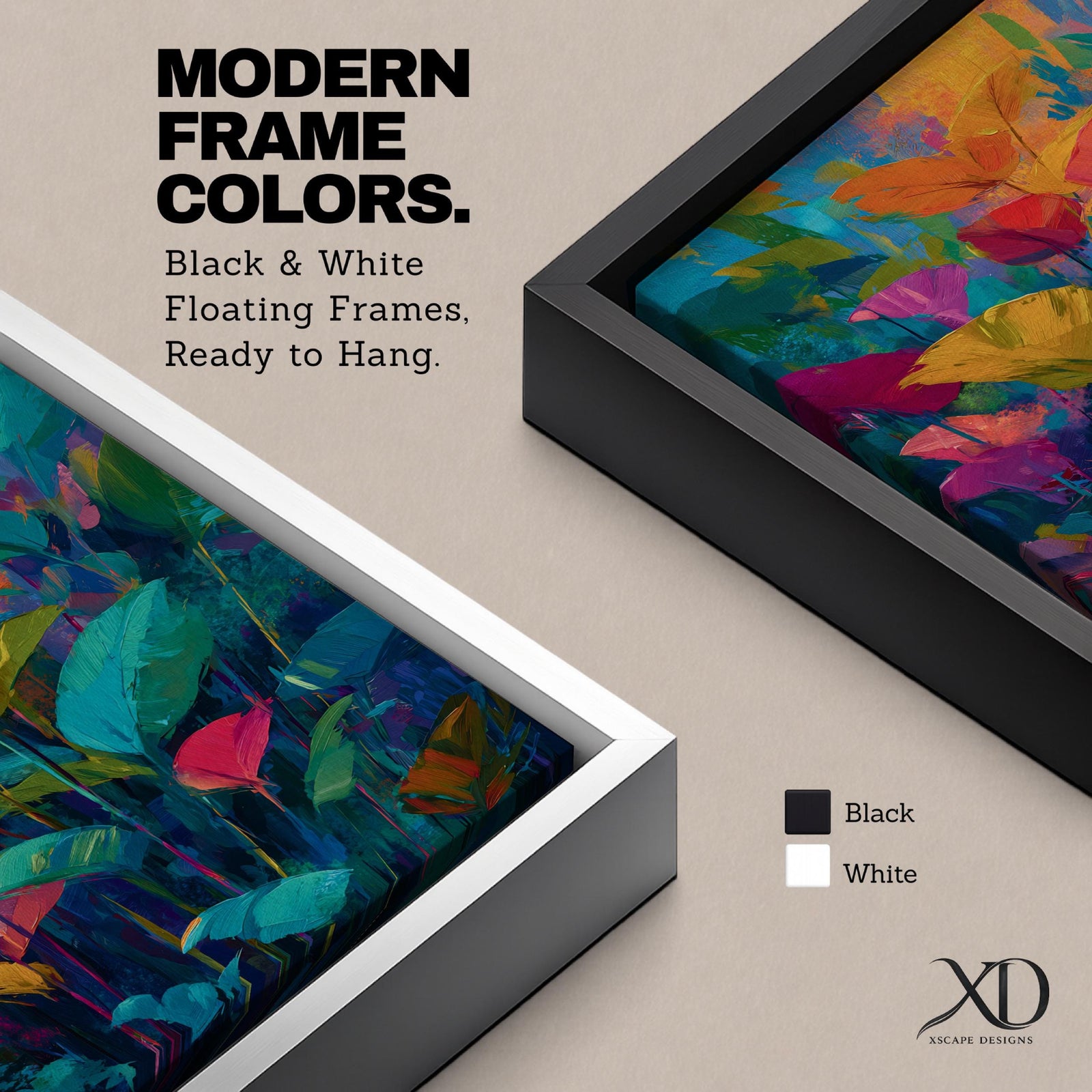 Vibrant abstract botanical wall art featuring colorful tropical leaves in bold shades of teal, orange, pink, yellow, and green. Contemporary floral artwork with expressive brushstrokes, layered foliage, and modern nature-inspired design perfect for bright and stylish interiors.