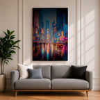 Vibrant Times Square wall art featuring neon billboards, glowing skyscrapers, city traffic, pedestrians, and colorful reflections on rain-soaked streets. Modern urban canvas artwork inspired by New York City nightlife and contemporary metropolitan decor.
