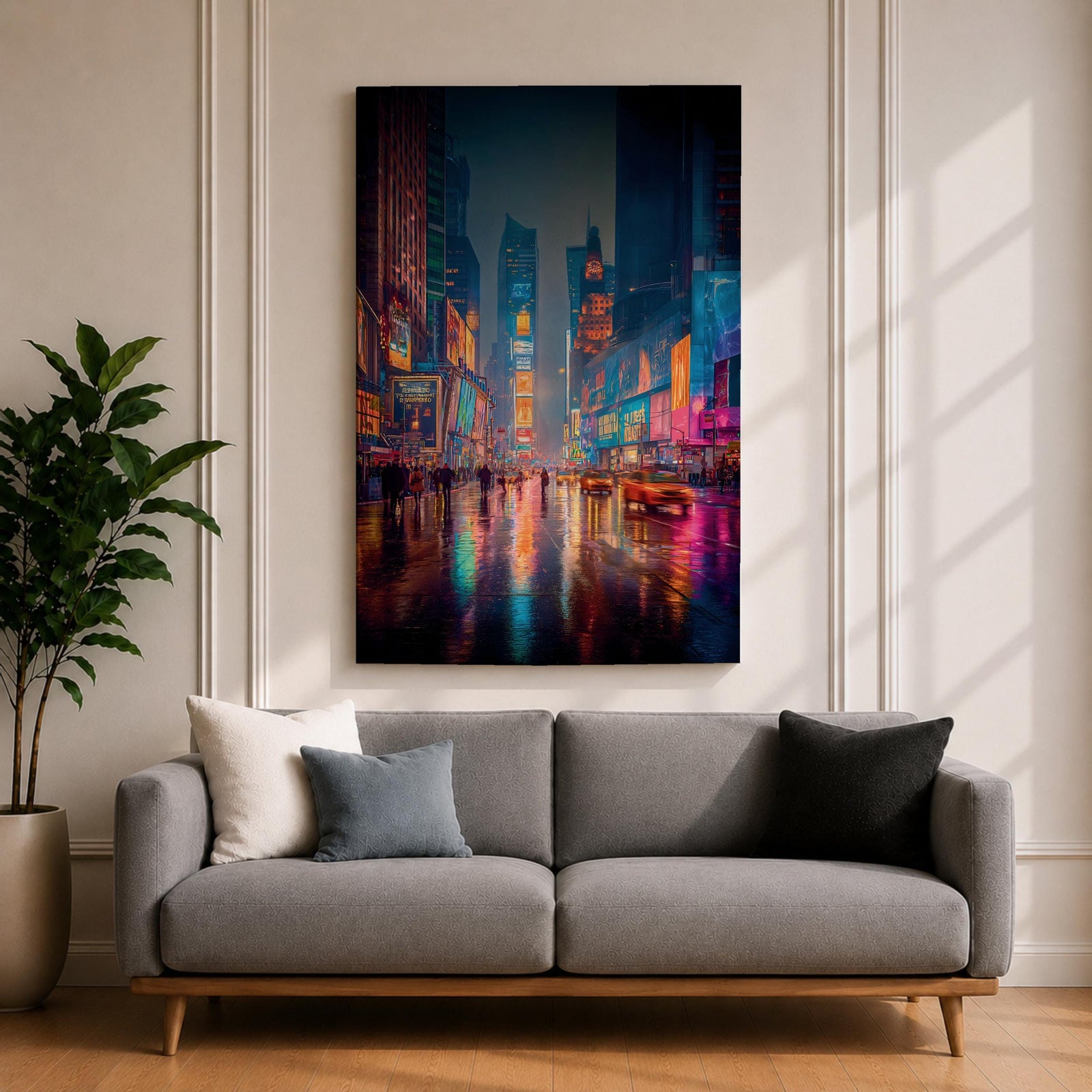 Vibrant Times Square wall art featuring neon billboards, glowing skyscrapers, city traffic, pedestrians, and colorful reflections on rain-soaked streets. Modern urban canvas artwork inspired by New York City nightlife and contemporary metropolitan decor.