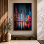 Vibrant Times Square wall art featuring neon billboards, glowing skyscrapers, city traffic, pedestrians, and colorful reflections on rain-soaked streets. Modern urban canvas artwork inspired by New York City nightlife and contemporary metropolitan decor.