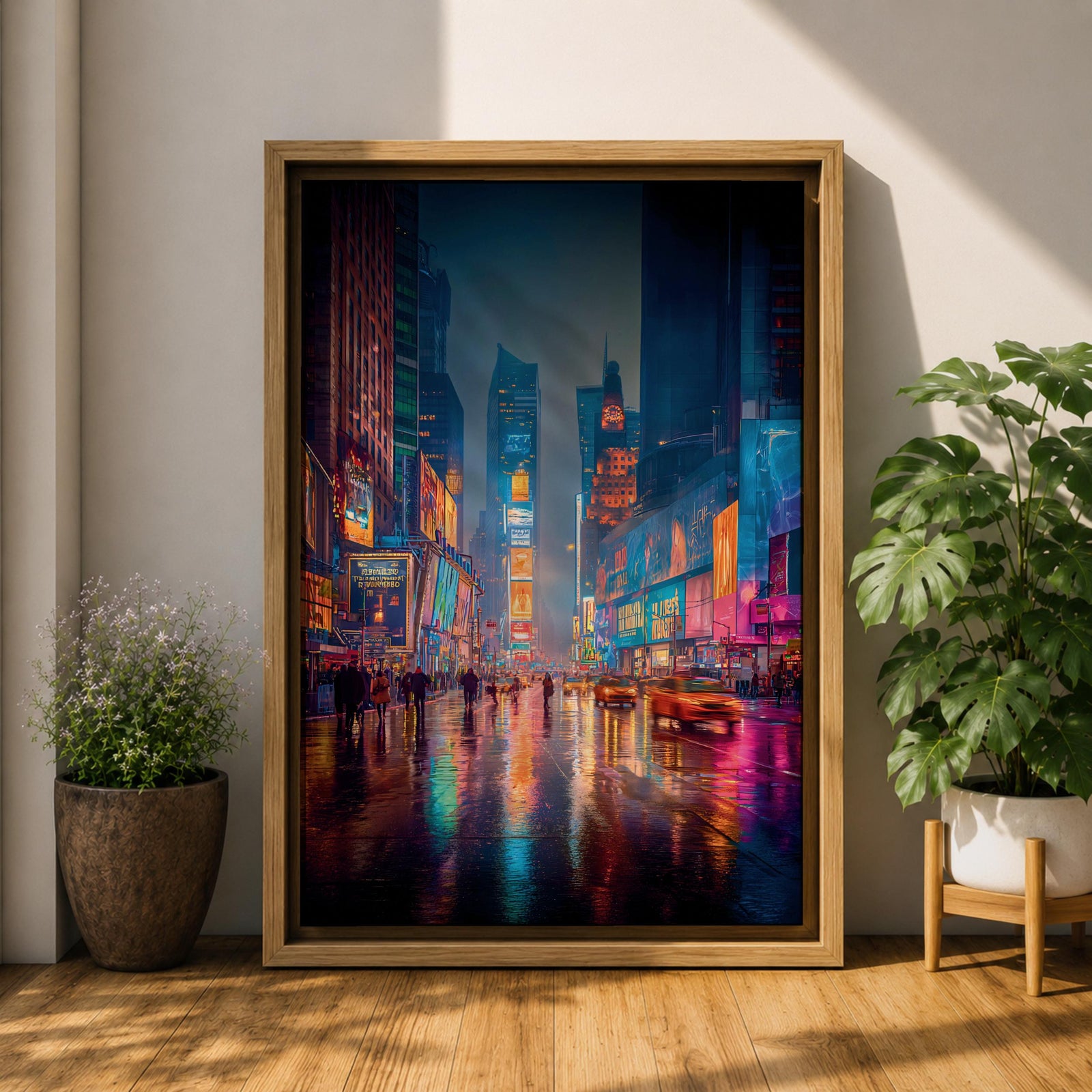 Vibrant Times Square wall art featuring neon billboards, glowing skyscrapers, city traffic, pedestrians, and colorful reflections on rain-soaked streets. Modern urban canvas artwork inspired by New York City nightlife and contemporary metropolitan decor.