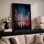 Vibrant Times Square wall art featuring neon billboards, glowing skyscrapers, city traffic, pedestrians, and colorful reflections on rain-soaked streets. Modern urban canvas artwork inspired by New York City nightlife and contemporary metropolitan decor.