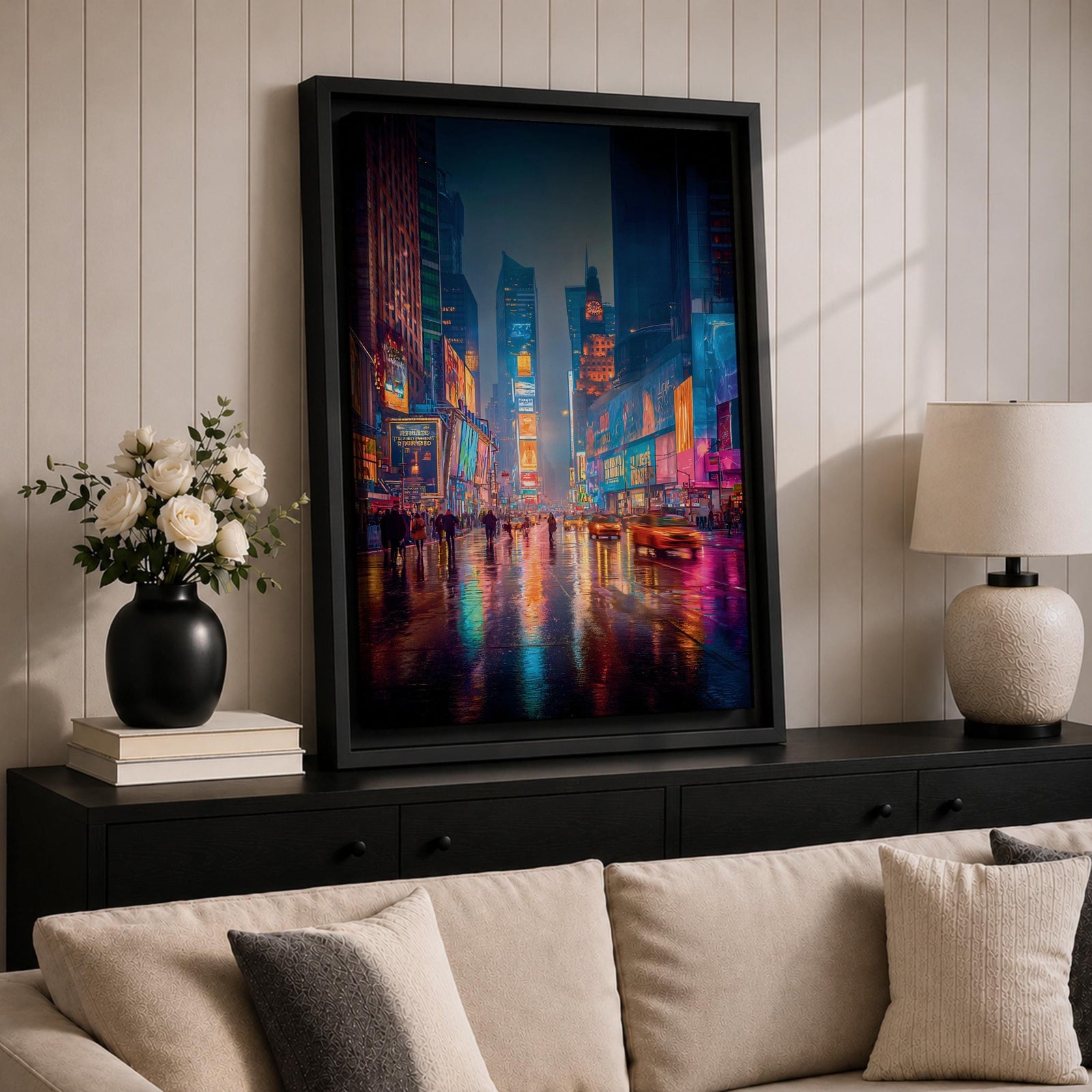Vibrant Times Square wall art featuring neon billboards, glowing skyscrapers, city traffic, pedestrians, and colorful reflections on rain-soaked streets. Modern urban canvas artwork inspired by New York City nightlife and contemporary metropolitan decor.