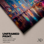 Vibrant Times Square wall art featuring neon billboards, glowing skyscrapers, city traffic, pedestrians, and colorful reflections on rain-soaked streets. Modern urban canvas artwork inspired by New York City nightlife and contemporary metropolitan decor.