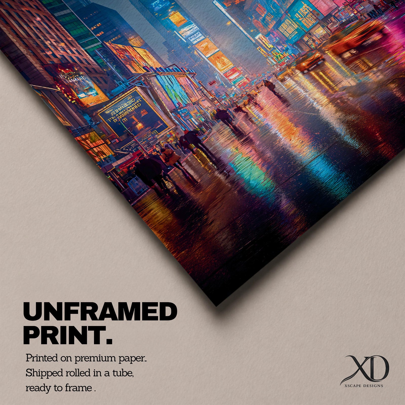 Vibrant Times Square wall art featuring neon billboards, glowing skyscrapers, city traffic, pedestrians, and colorful reflections on rain-soaked streets. Modern urban canvas artwork inspired by New York City nightlife and contemporary metropolitan decor.