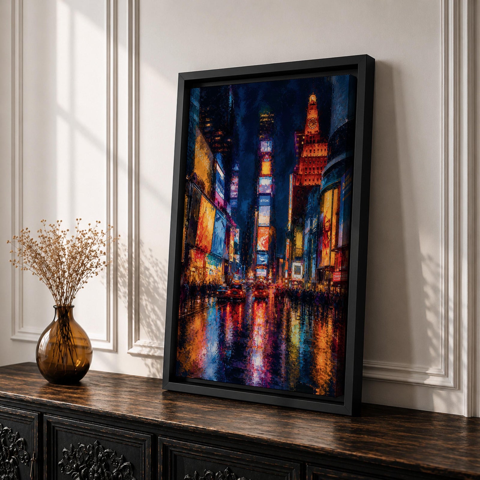 Bring the energy of Manhattan into your space with this Times Square Wall Art, featuring vibrant neon reflections shimmering across rain-soaked streets in a rich impressionist style. Bold city lights, expressive brushwork, and dramatic nighttime colors make this New York canvas a striking centerpiece for offices, lofts, and modern interiors.