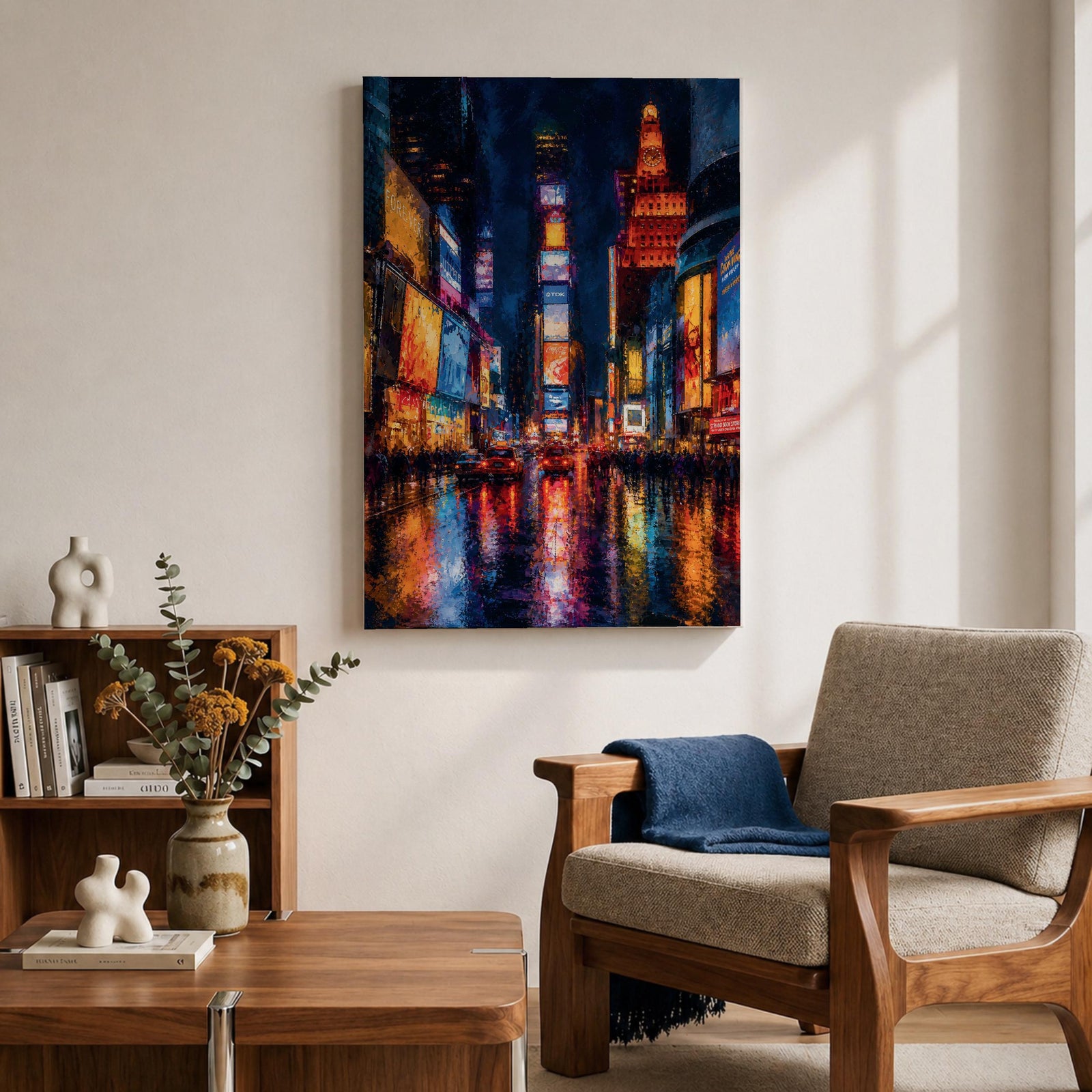 Bring the energy of Manhattan into your space with this Times Square Wall Art, featuring vibrant neon reflections shimmering across rain-soaked streets in a rich impressionist style. Bold city lights, expressive brushwork, and dramatic nighttime colors make this New York canvas a striking centerpiece for offices, lofts, and modern interiors.