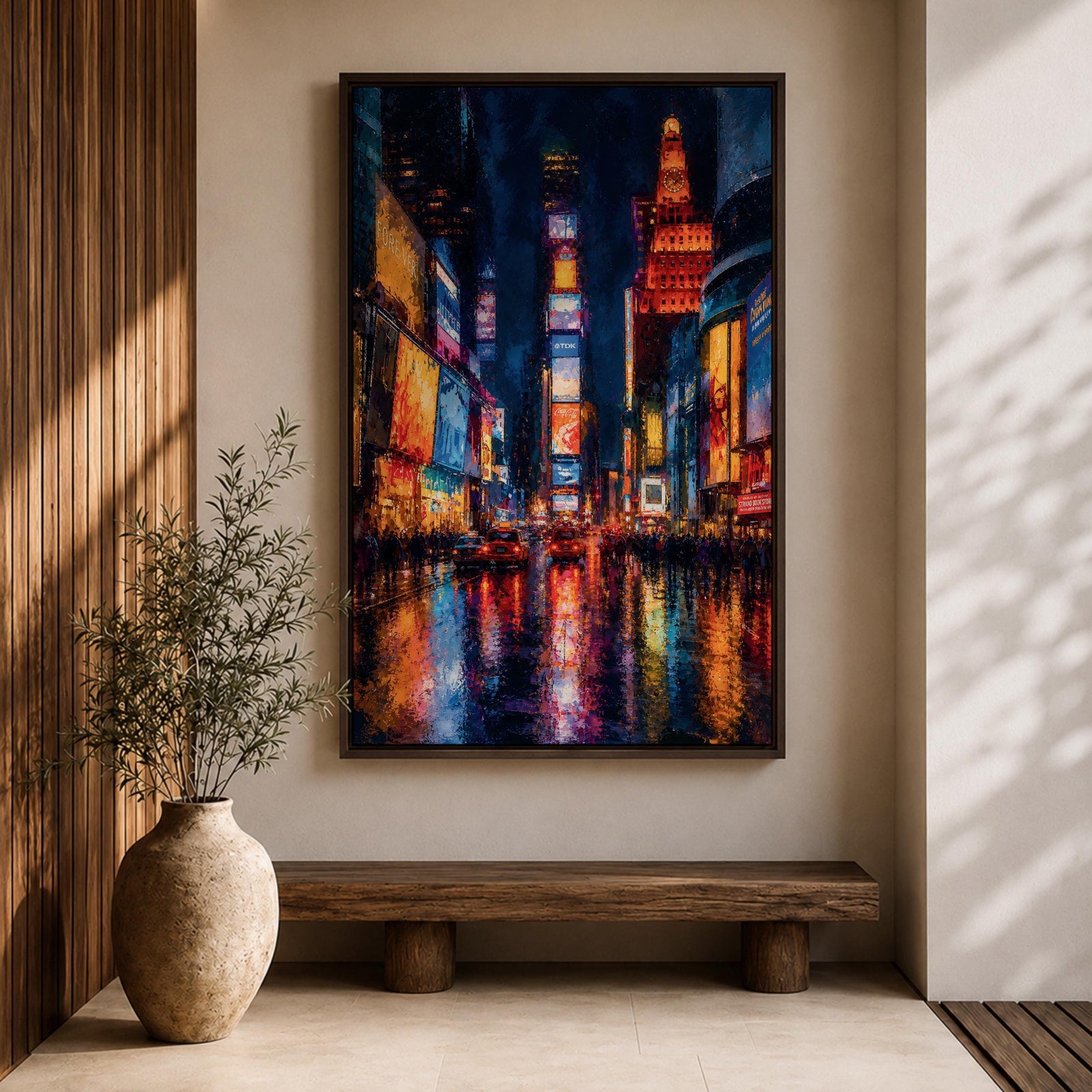 Bring the energy of Manhattan into your space with this Times Square Wall Art, featuring vibrant neon reflections shimmering across rain-soaked streets in a rich impressionist style. Bold city lights, expressive brushwork, and dramatic nighttime colors make this New York canvas a striking centerpiece for offices, lofts, and modern interiors.