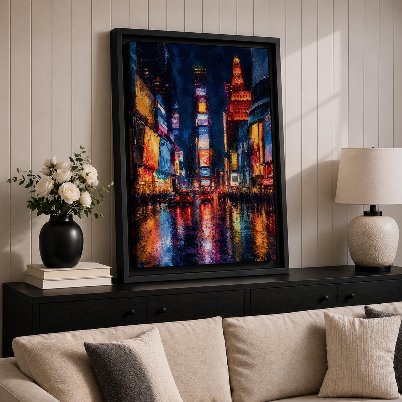 Bring the energy of Manhattan into your space with this Times Square Wall Art, featuring vibrant neon reflections shimmering across rain-soaked streets in a rich impressionist style. Bold city lights, expressive brushwork, and dramatic nighttime colors make this New York canvas a striking centerpiece for offices, lofts, and modern interiors.