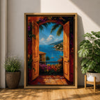 Mediterranean coastal landscape viewed through open wooden doors overlooking a bright blue sea. Colorful flowers, palm trees, sailboats, and hillside villas create a romantic Italian seaside scene in a vibrant impressionist framed canvas artwork.