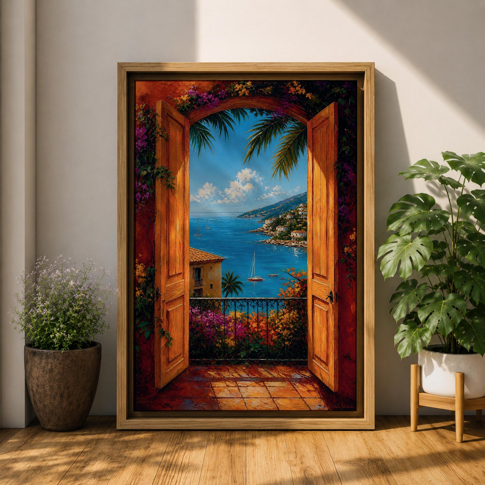 Mediterranean coastal landscape viewed through open wooden doors overlooking a bright blue sea. Colorful flowers, palm trees, sailboats, and hillside villas create a romantic Italian seaside scene in a vibrant impressionist framed canvas artwork.