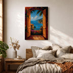 Mediterranean coastal landscape viewed through open wooden doors overlooking a bright blue sea. Colorful flowers, palm trees, sailboats, and hillside villas create a romantic Italian seaside scene in a vibrant impressionist framed canvas artwork.