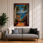 Vibrant tropical window wall art featuring open shutters overlooking a sparkling ocean bay with sailboats, palm trees, colorful flowers, and Mediterranean-style coastal homes. Scenic seaside artwork with rich colors, vacation-inspired charm, and relaxing coastal decor appeal.