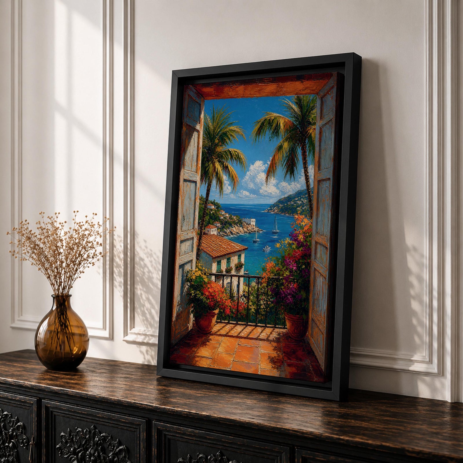 Vibrant tropical window wall art featuring open shutters overlooking a sparkling ocean bay with sailboats, palm trees, colorful flowers, and Mediterranean-style coastal homes. Scenic seaside artwork with rich colors, vacation-inspired charm, and relaxing coastal decor appeal.